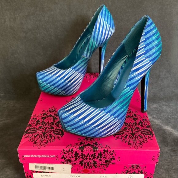 BLUE BROCADE STILETTO PLATFORM HEELS SHOES SIZE 7 M (SHOE REPUBLIC - CHEKER) - Picture 3 of 5
